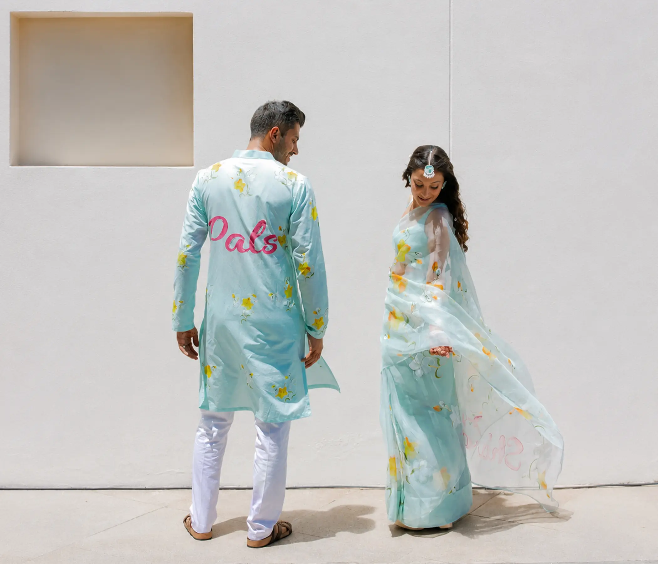 Hand Painted Matching Colour Combo Dress set for Couple | Personalized Organza Saree & Men's Kurta Set
